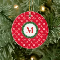 Wreath Monogram Your Name White Snowflakes Red Ceramic Ornament