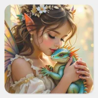 Fairy and Dragon Mystical Girl's   Square Sticker
