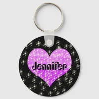 Black purple heart shining stars name keychain