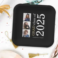 Modern Typography 3 photos Black 2025 Graduation Paper Plates