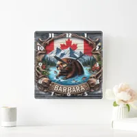 Canadian Beaver Near Mountains and Maple Leaves Square Wall Clock