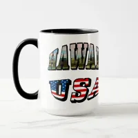 Hawaii Picture and USA Flag Text Mug