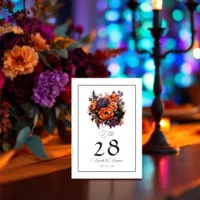 Burnt Orange, Dark Purple & Black Floral Wedding Table Number