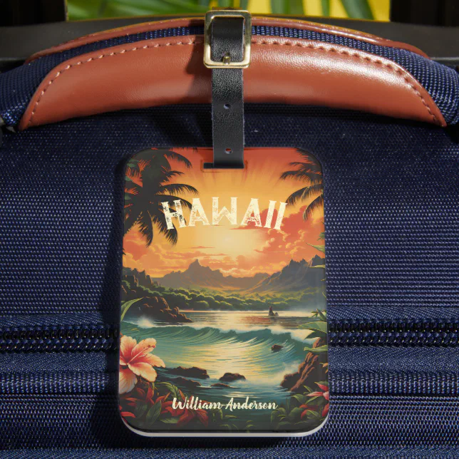 Vintage Art Hawaii Beach Hawaiian Girl Luggage Tag