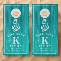 Family Name Nautical Anchor Rustic Wood Monogram Cornhole Set
