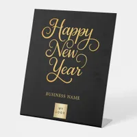 Happy New Year black gold business logo Pedestal Sign