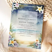 Watercolor Floral Evening Beach Scene Wedding Invitation