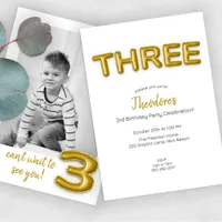 Gold Balloon Third Birthday Photo Invite