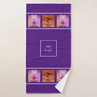 Company logo photo collage purple white bath towel