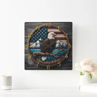 Eagle on Branch, American Flag  Square Wall Clock