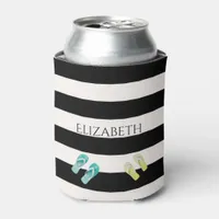 Black white stripes beach name monogram can cooler