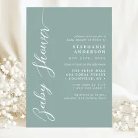 Dusty Teal Simple Modern Script Baby Shower Invitation