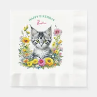 Gray Kitten Themed  Girl's Birthday Party Invite Napkins