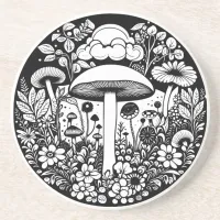 Black and White Flowers and Mushrooms Vintage Coaster