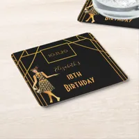 18th birthday black gold 1920's art deco square paper coaster
