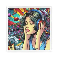 Girl Listening to Music on Headphones Psychedelic Acrylic Tray