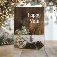 Natural Birch Tree Log and Pine Cones Happy Yule Holiday Card