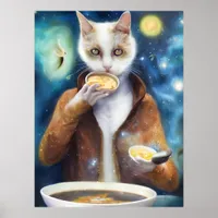 Cat in jumpsuit eating soup made out of galaxies poster