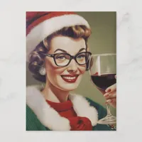 Christmas Wine Vintage Woman Santa Hat Postcard