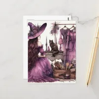 The Beautiful Witch in Purple With a Black Cat Postcard