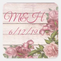 Initials and Wedding Date Vintage Rose and Wood Square Sticker
