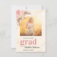 Pampas grass blush marble photo graduation thank you card