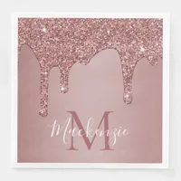 Stylish Rose Gold Dripping Glitter Monogram Paper Dinner Napkins