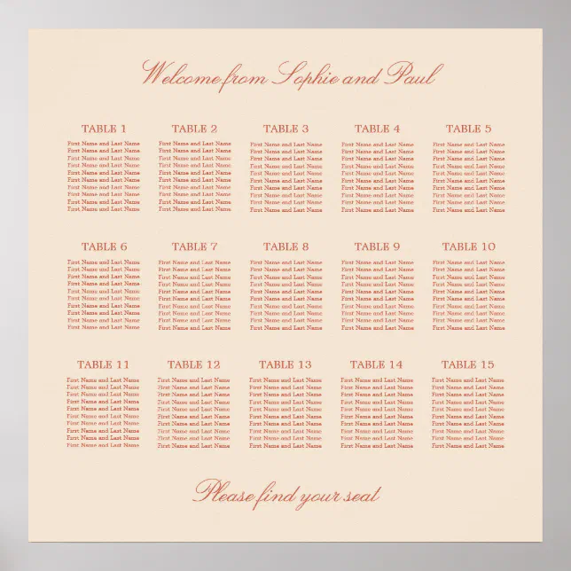 Terracotta Script 15 Table Wedding Seating Poster