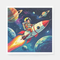 A Comic Book style Boy on a Rocket in Space Napkins