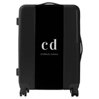 Black white monogram initials name minimalist luggage