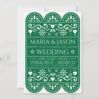 Mexican Green Papel Picado Folk Art Wedding Invitation