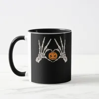 Skeleton Hand Heart And Pumpkin Funny Skull Hallow Mug