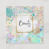 *~* BEAUTY Glitter Frame Pastel Rainbow Abstract Square Business Card