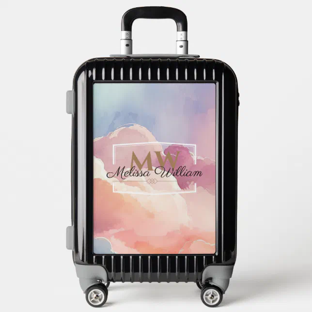 Watercolor Clouds Black Gold Monogram Name Script Luggage