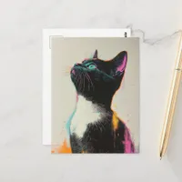 Pretty Black and White Kitty With Pink and Yellow  Postcard