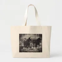 Making Hay With Horses Black and White Large Tote Bag