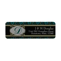 Monogram Teal Black Gold Stylish Address Label