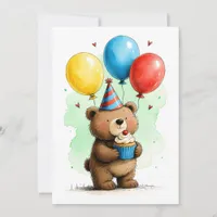 Cute Baby Bear & Cupcake Kid's Happy Birthday Flat Card