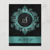 flourish aqua monogram elegant wedding RSVP