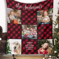 Family Christmas 5 Photo Collage Custom Red Plaid Fleece Blanket