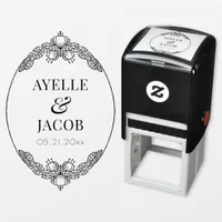 Elegant Leaf Frame Monogram Rubber Wedding Stamp