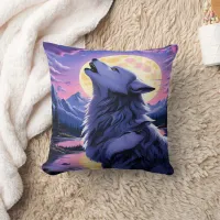 Majestic Wolf Howling Under a Full Moon Throw Pillow