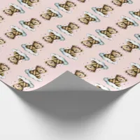 Cute Teddy Bear Pink Hair Bow Pink Background Wrapping Paper