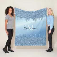 Monogram Ice Blue Dripping Glitter Metallic Name Fleece Blanket