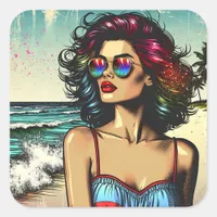 Beautiful Woman on Beach Comic Book Pop Art Square Sticker