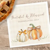 Cute Grateful & Blessed Pumpkin Bows Thanksgiving Napkins