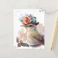 Bird in a Fancy Hat with Flowers Watercolor Postcard