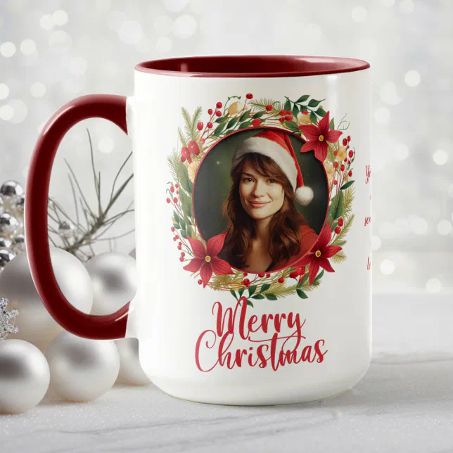 Red Poinsettia Wreath Holiday Christmas Photo Mug