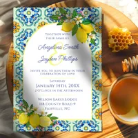 Mediterranean Blue and Yellow Tile Lemon Wedding Invitation