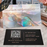 Iridescent Opal Alcohol Ink Rose Gold Foil QR  Business Cards